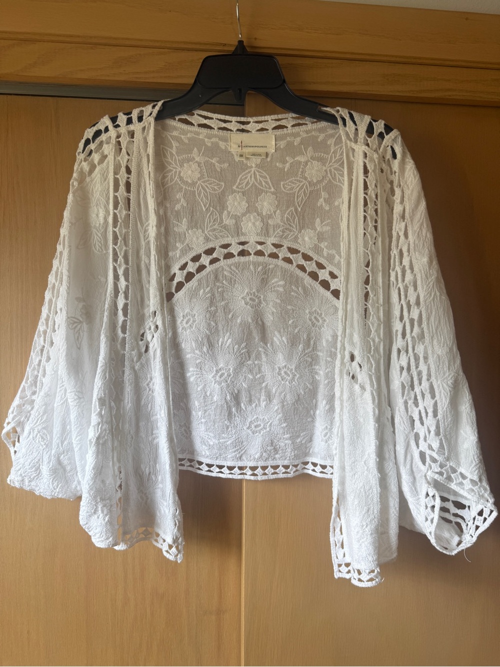 Anthropologie White Lace Open-Front Crochet Shrug